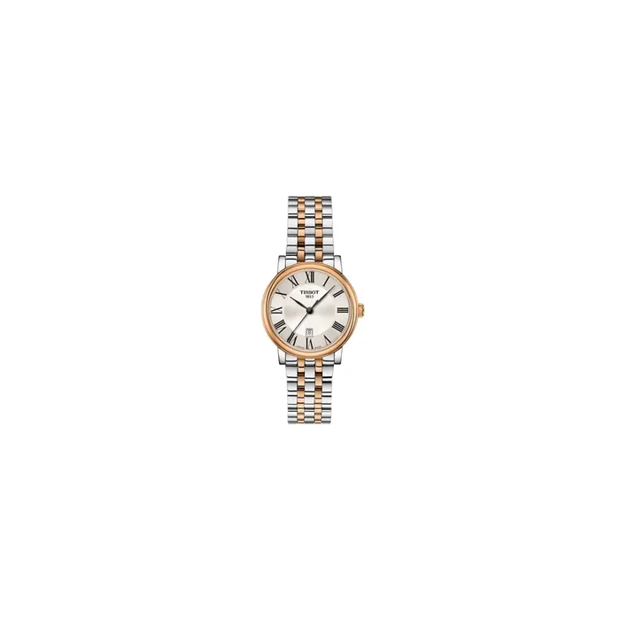 Montre Tissot T-Classic Carson Premium Lady quartz lunette acier PVD doré rose bracelet acier bicolore 30 mm