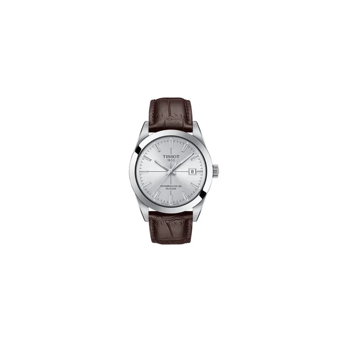 Montre Tissot T-Classic Gentleman Powermatic 80 cadran argent bracelet cuir brun 40 mm