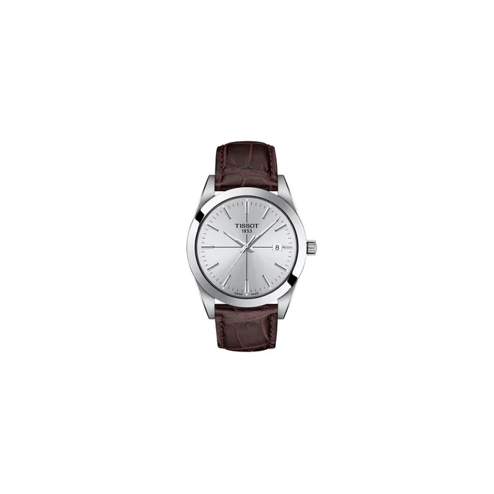 Montre Tissot T-Classic Gentleman quartz cadran argent bracelet cuir brun 40 mm
