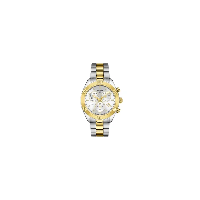Montre Tissot T-Classic PR 100 Sport Chic Chronograph bicolore cadran gris bracelet acier 38 mm