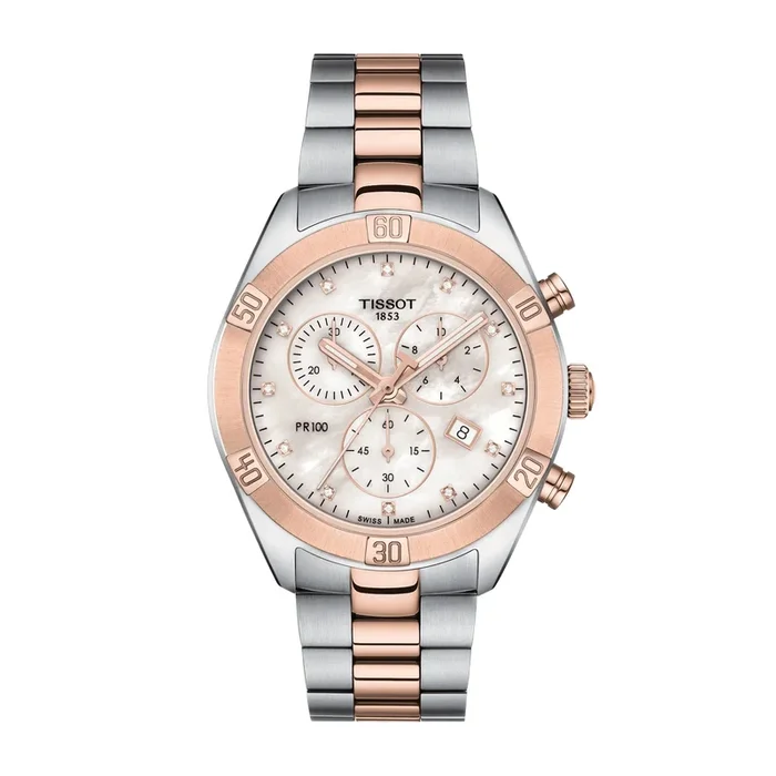 Montre Tissot T-Classic PR 100 Sport Chic Chronograph bicolore cadran nacre et diamants bracelet acier 38 mm
