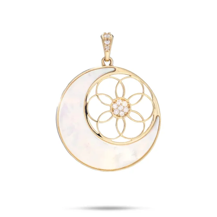 Moon & Protea Star Mother of Pearl Pendant in Gold with Diamonds – 25mm