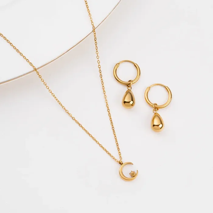 Moon Charm Necklace & Waterdrop Hoop Earrings Combo Set