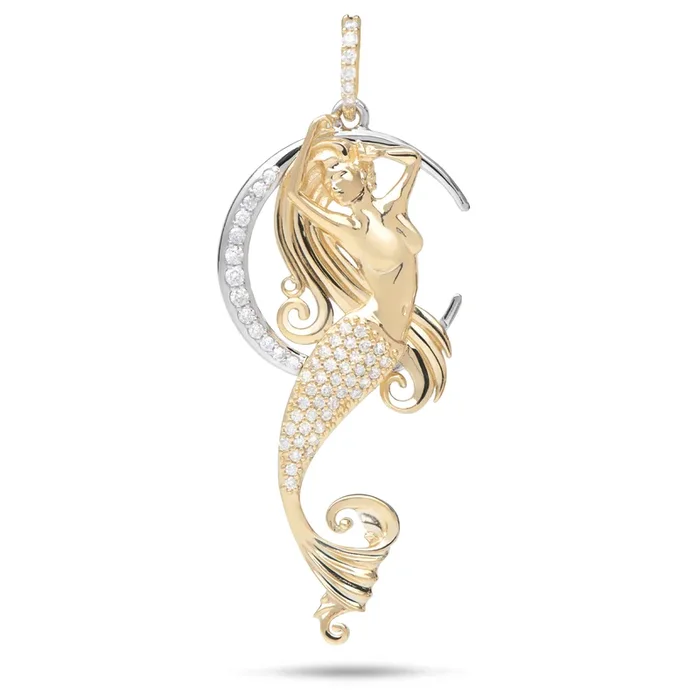 Moon Mermaid Pendant in Two Tone Gold with Diamonds – 42mm