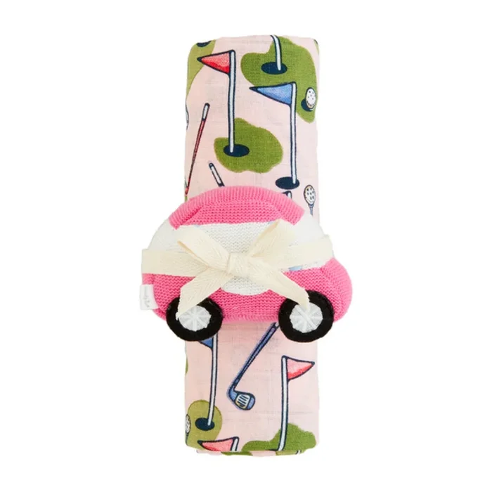 Mud Pie Golf Cart Rattle & Swaddle Set