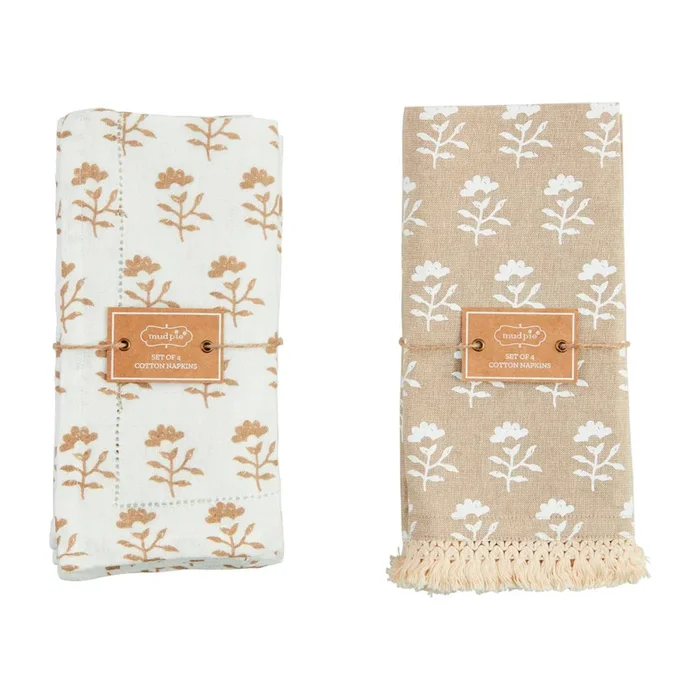 Mud Pie Taupe Block Print Cloth Napkin Sets