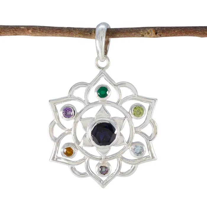 Multi Stone Classic Mexican Sterling Silver Hepta Lucia Rope-Wire multicolor Pendant Jewellery