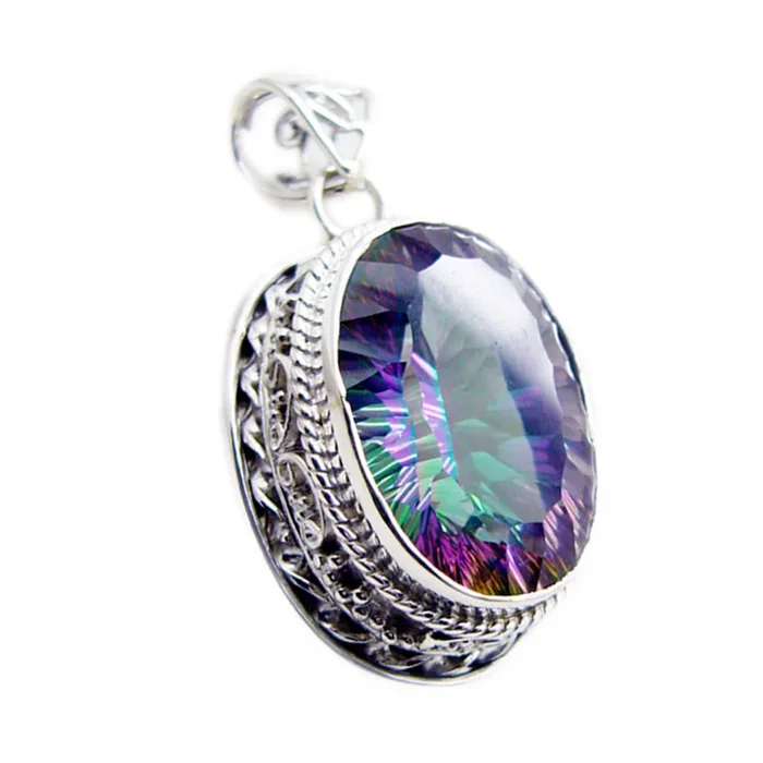 Mystic Quartz Statement Russian 925 Silver Solitaire Autumn Rope-Wire multicolor Pendant Jewelry