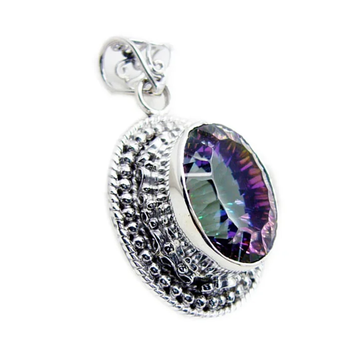 Mystic Quartz Statement Russian Sterling Silver Solitaire Chloe Rope-Wire multicolor Pendant Jewellery