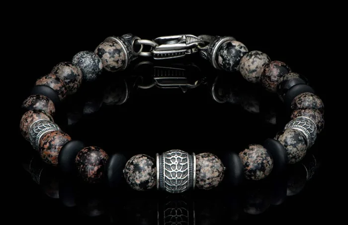 Newport – Red Obsidian Beaded bracelet with sculpted Sterling silver and Red Snowflake Obsidian
