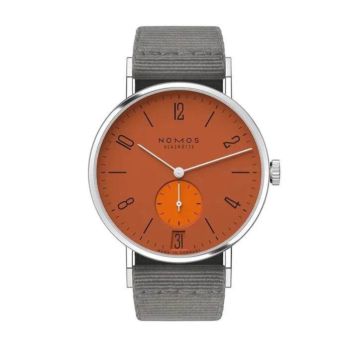 Nomos Tangente 38 Date Poporange watch – Limited 175 years mechanical grey textile bracelet 37,5 mm – Lepage