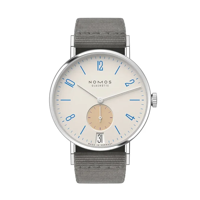 Nomos Tangente 38 Date Schulhausweiß Watch – Limited 175 years mechanical grey textile bracelet 37,5 mm – Lepage