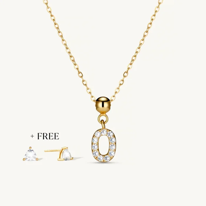 O Diamond Initial Charm Necklace + FREE Diamond Trio Studs Gold