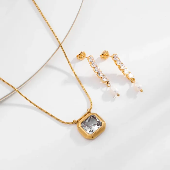 Octagon Diamond Necklace & Pearl Drop Diamond Earrings Combo Set