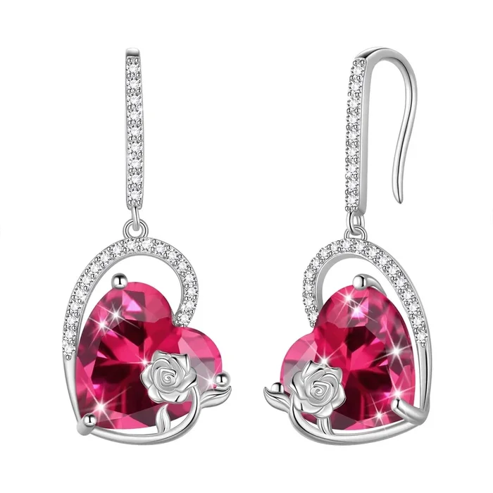 Ohrringe aus 925er Sterlingsilber, Herz, Geburtsstein Juli, Hängeohrringe, Rubinrot, Rose, Schmuck, Muttertagsgeschenk, Weihnachtsgeschenk, Valentinstagsgeschenk