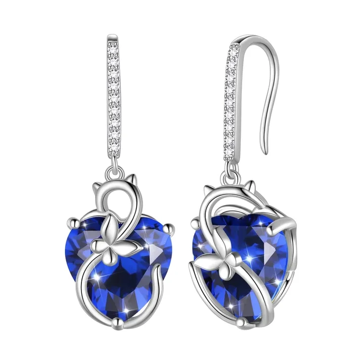 Ohrringe mit Katzen- und Schmetterlingsmotiv für Damen, 925er Sterlingsilber, Hängeohrringe mit Hakenverschluss, blauer Herz-Saphir, Geburtsstein September, Schmuck, Weihnachts-, Geburtstags-, Valentinstags-, Muttertags- und Ehefrauengeschenk