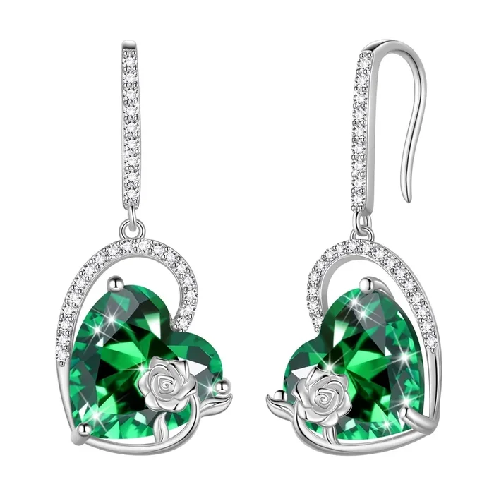 Ohrringe mit Katzen- und Schmetterlingsmotiv für Damen, 925er Sterlingsilber, Herz, Geburtsstein Mai, Haken, Hängeohrringe, smaragdgrüne Rosenblüte, Schmuck, Geburtstagsgeschenk, Muttertagsgeschenk
