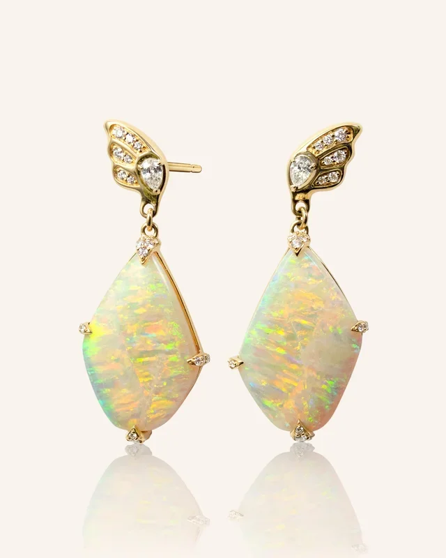 One of a Kind Australian Crystal Opal and Diamond Butterfly Earrings
