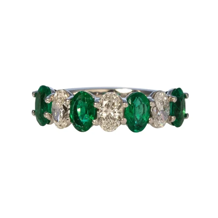 Oval Emerald & Diamond 7-Stone 14K White Gold Band