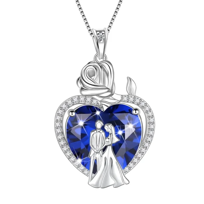 Partner-Halskette für Damen, 925er Sterlingsilber, 15 mm, Herzanhänger mit Geburtsstein September, Rosenblütenanhänger, Hochzeits-, Verlobungs- und Brautschmuck, Valentinstagsgeschenk für Ihre Ehefrau