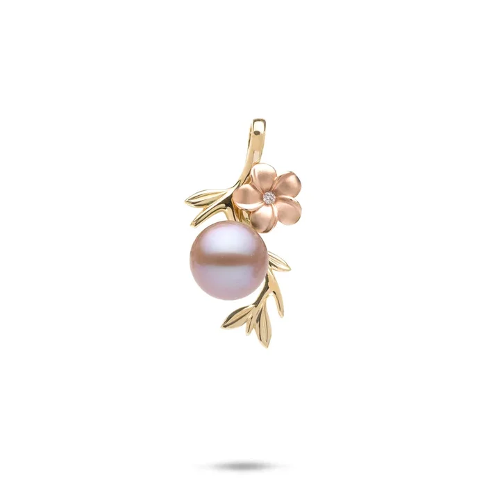 Pearls in Bloom Plumeria Lavender Freshwater Pearl Pendant in Two Tone Gold with Diamonds – 25mm