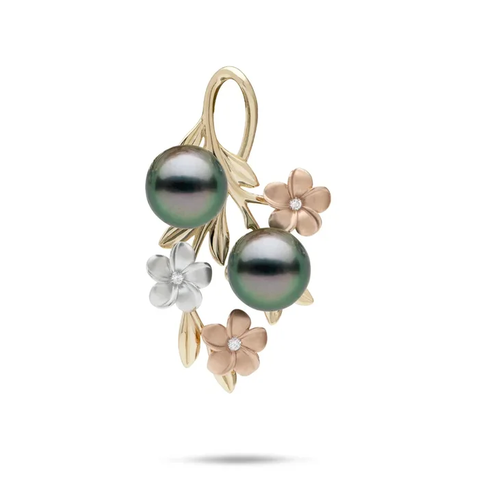 Pearls in Bloom Plumeria Tahitian Black Pearl Pendant in Tri Color Gold with Diamonds – 36mm