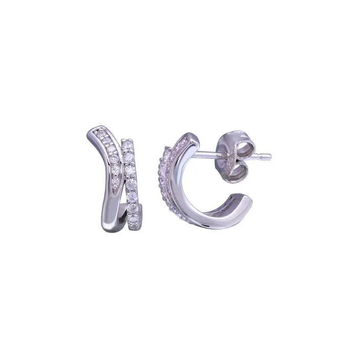 Pendiente de aro semihuggie de plata de ley 925 rodiada con dos ondas y circonitas – STE01276