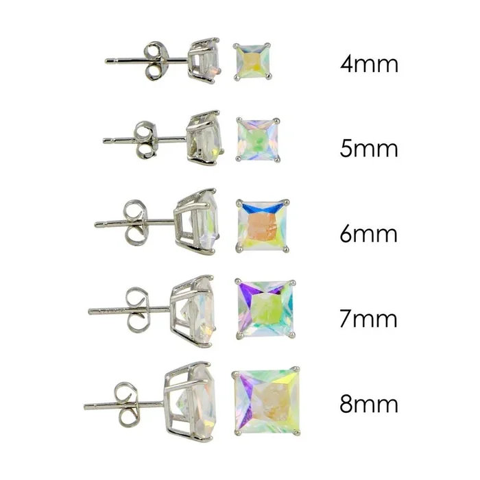 Pendiente de botón de plata de ley 925 rodiada con forma de cesta cuadrada y circonitas ABL transparentes – STE00601ABL