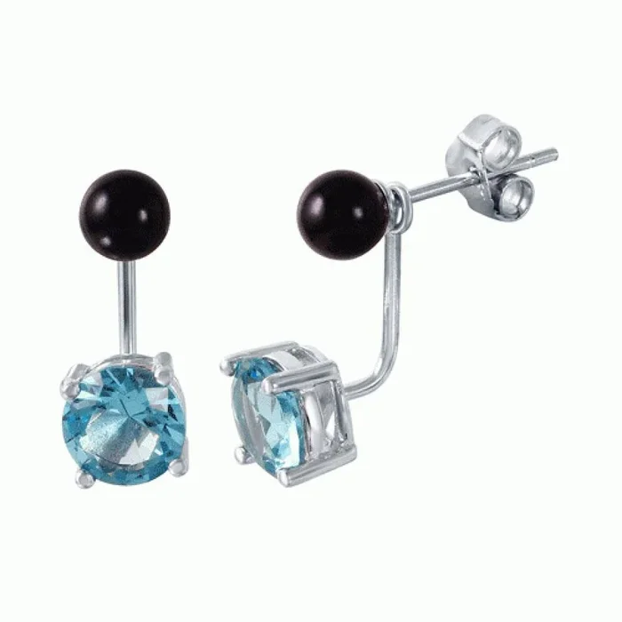 Pendiente de plata de ley 925 con circonita azul claro y perla sintética negra, parte delantera y trasera – STE00999MAR