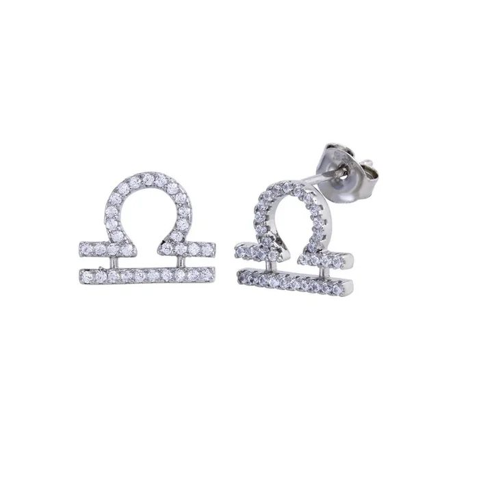 Pendiente de plata de ley 925 rodiada con circonita cúbica y signo del zodiaco Libra – BGE00704