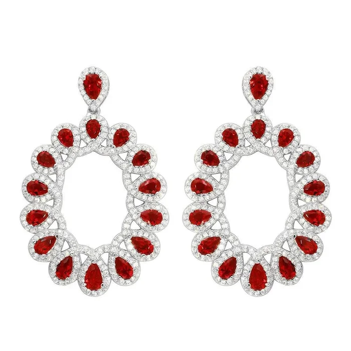 Pendientes colgantes abiertos ovalados de plata de ley 925 rodiada con circonitas rojas y transparentes – GME00106-RED