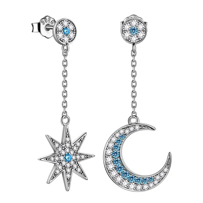 Pendientes colgantes asimétricos con luna celestial y estrella para mujer, plata de ley 925