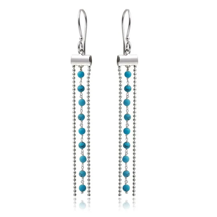 Pendientes colgantes con borlas y cuentas de turquesa en plata de ley 925 rodiada – DIE00005RH-TQ