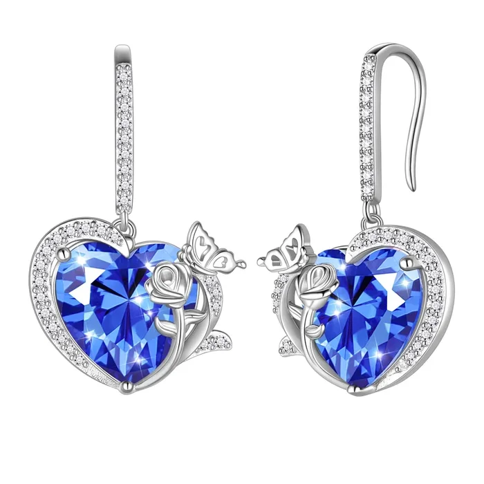 Pendientes colgantes con piedra de nacimiento de diciembre para mujer, corazón, tanzanita, mariposa azul, rosa, joyería de plata de ley 925, gancho, regalo de cumpleaños, Navidad, Día de la Madre