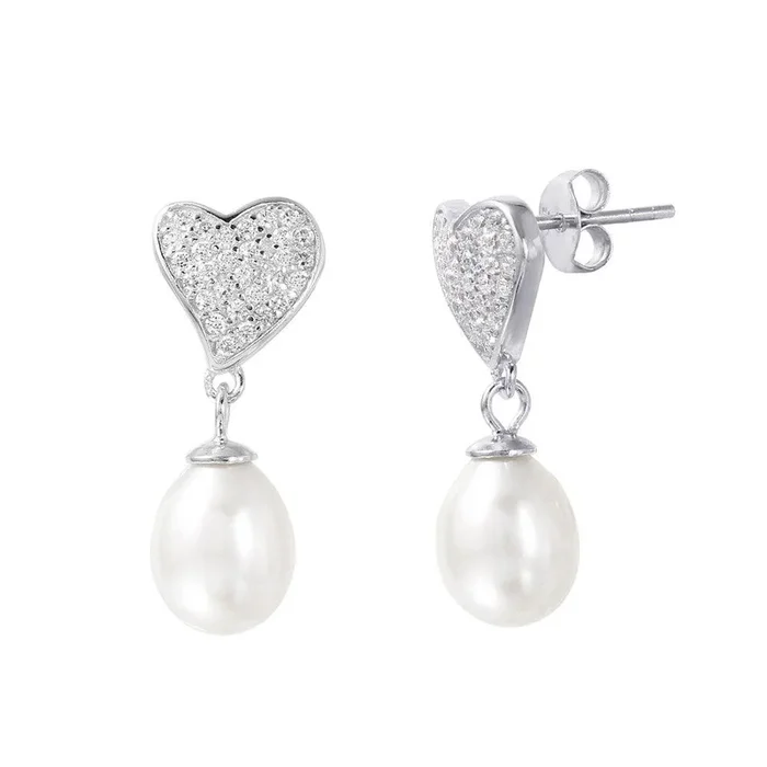 Pendientes colgantes de circonita cúbica con pavé de perlas sintéticas en forma de corazón chapado en rodio de plata 925 – STE01003