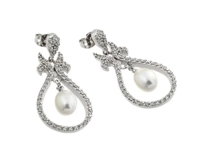 Pendientes colgantes de perlas de agua dulce con circonita cúbica en forma de lágrima chapada en rodio de plata 925 – BGE00288