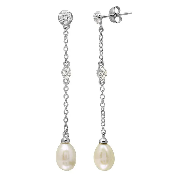Pendientes colgantes de plata de ley 925 rodiada con circonitas cúbicas y perlas de agua dulce – BGE00507
