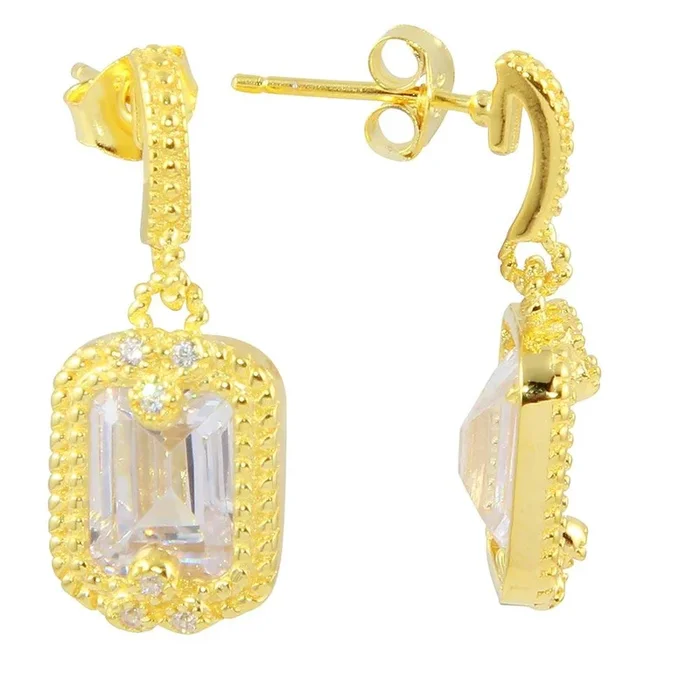 Pendientes colgantes rectangulares transparentes de plata de ley 925 bañados en oro – BGE00561CLR