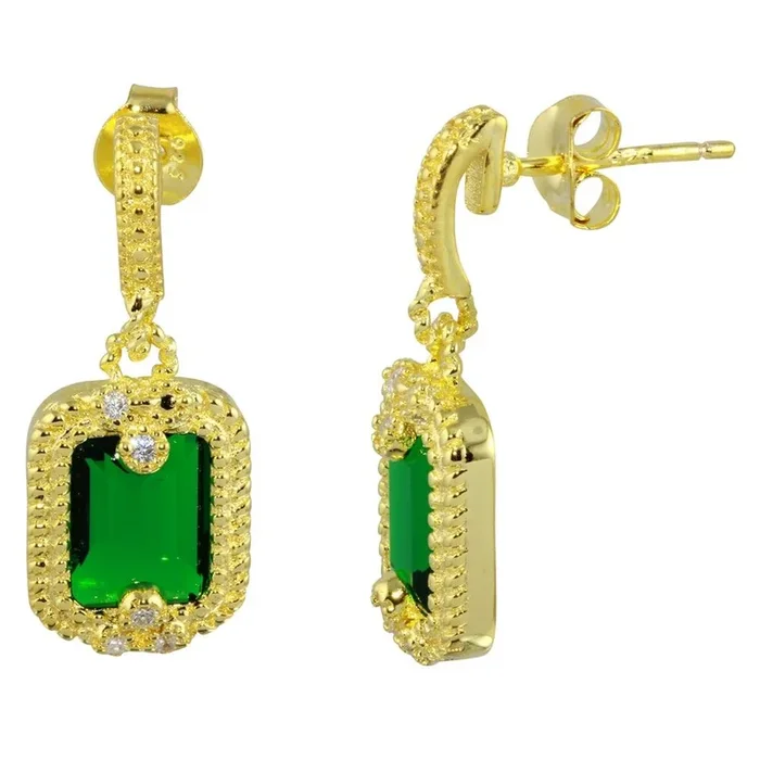 Pendientes colgantes rectangulares verdes de plata de ley 925 bañados en oro – BGE00561GRN