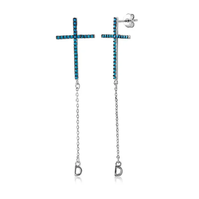 Pendientes Cruz de Plata 925 Rodio con Incrustaciones de Turquesa Sintética – STE01046