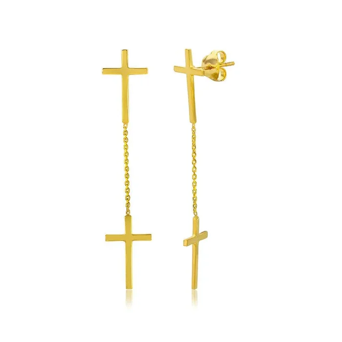 Pendientes Cruz Doble Colgante Plata 925 Chapada Oro – DIE00001GP