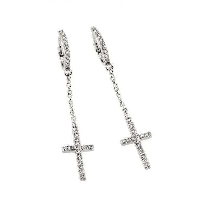 Pendientes de aro colgantes de alambre de circonita transparente con cruz redonda chapada en rodio de plata 925 – BGE00375