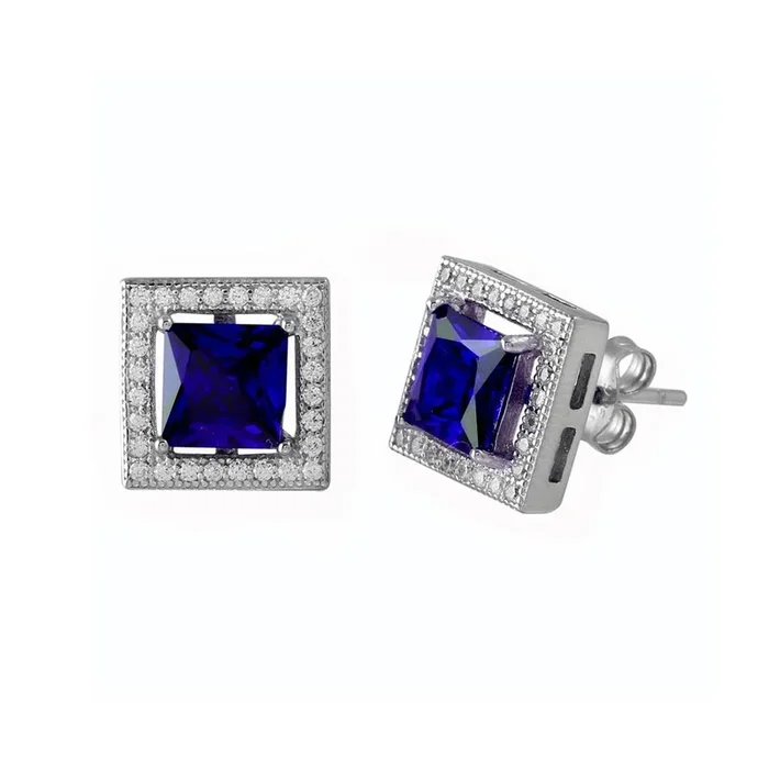 Pendientes de botón de plata de ley 925 rodiada con circonitas cuadradas y halo azul – BGE00632BLU