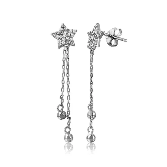 Pendientes de estrella de circonita cúbica chapada en rodio de plata 925 con hebras colgantes – STE01060