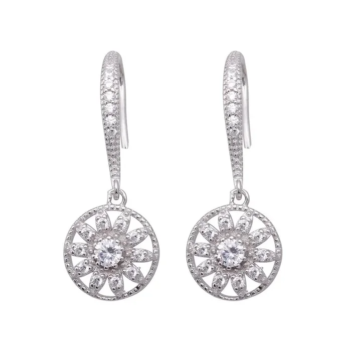 Pendientes de gancho colgantes con circonita cúbica y flor chapada en rodio de plata 925 – BGE00324