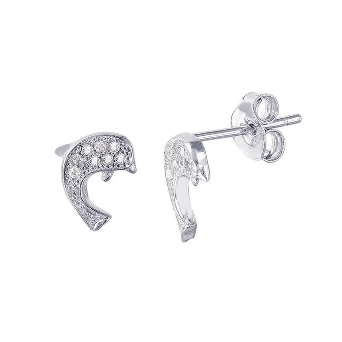 Pendientes de plata 925 bañados en rodio con delfín y circonitas – STE01017