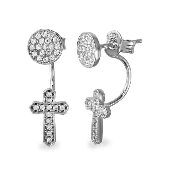 Pendientes de plata de ley 925 rodiada con círculo y cruz colgante con circonitas cúbicas en la parte delantera y trasera – BGE00537