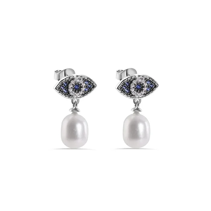 Pendientes de plata de ley 925 rodiada con forma de ojo malvado, perla sintética colgante, circonitas azules y transparentes – BGE00734