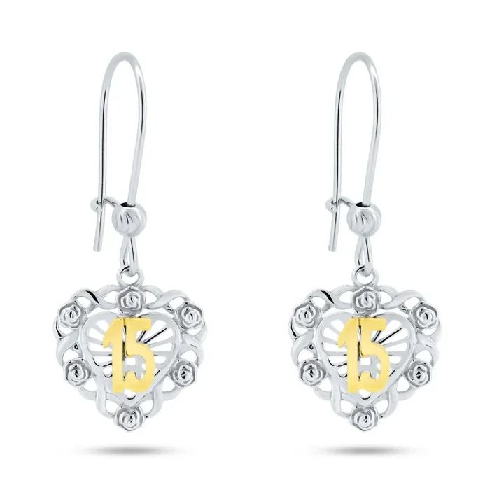 Pendientes De Quinceañera Con Corazón Colgante Chapados En Plata De Ley – GME00150RG