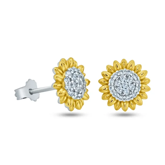 Pendientes de tuerca con circonita cúbica de girasol de 2 tonos chapados en rodio de plata de ley – STE01369